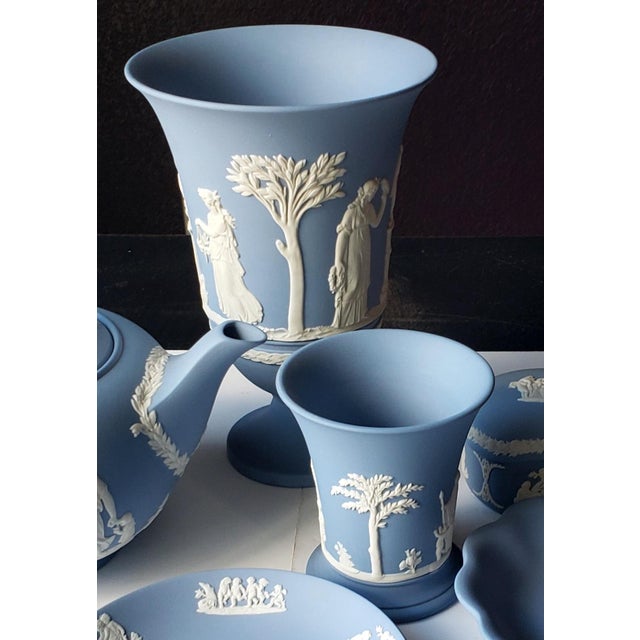 A beautiful, curated 6-piece estate collection of authentic vintage Wedgwood Jasperware in the iconic pale blue matte...