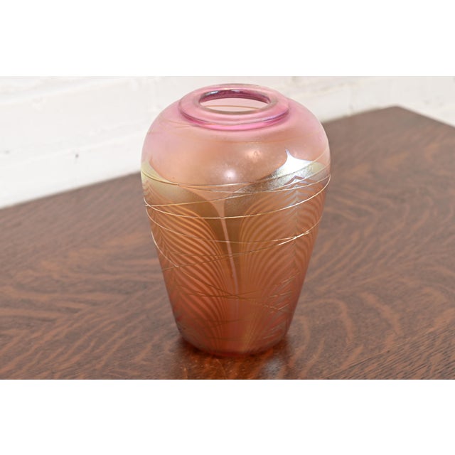 Louis Comfort Tiffany Louis Comfort Tiffany Style Iridescent Art Glass Pulled Feather Vase by Stephen Correia For Sale - Image 4 of 13