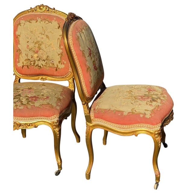 French Set of 4 Antique French Louis XV Style Giltwood & Aubusson Tapestry Chairs For Sale - Image 3 of 10