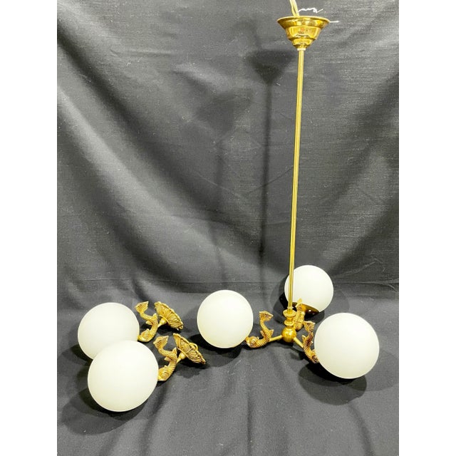 French Brass Dolphin / Dauphin Sconces and Chandelier With Glass Shades For Sale - Image 10 of 11