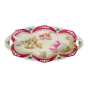 Rs Prussia Point and Clover Mold Celery Dish With Scattered Flowers Pattern and Opal Jewels