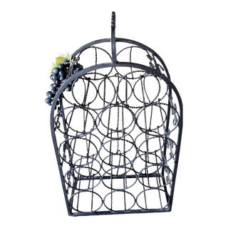 Vintage 1970s Spanish Revival Twisted Wrought Iron 14-Bottle Wine Rack With Grapes For Sale