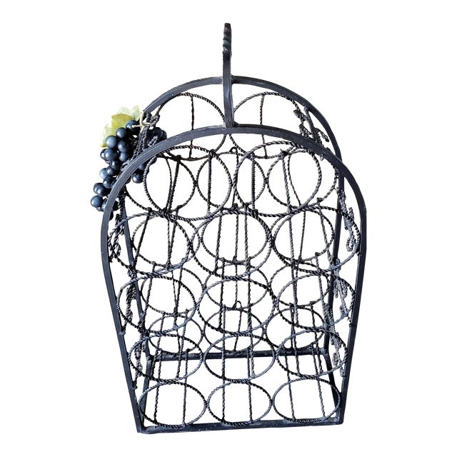 Vintage 1970s Spanish Revival Twisted Wrought Iron 14-Bottle Wine Rack With Grapes For Sale