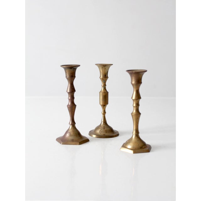 Mid 20th Century Vintage Brass Candlesticks Set of 3 For Sale - Image 5 of 11