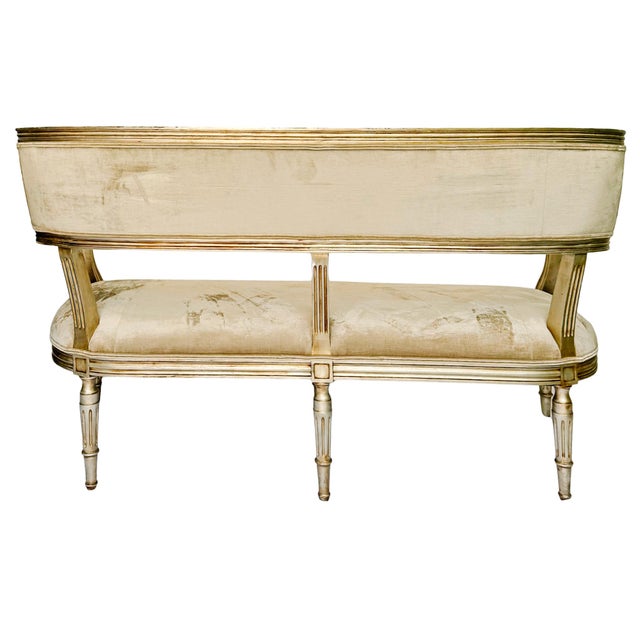 Late 20th Century French Neoclassical Louis XVI Style Giltwood & Painted Settee With Champagne Velvet Upholstery For Sale - Image 10 of 10