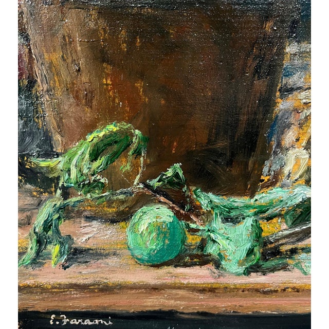 Enzo Faraoni, Green Apples on the Table, 1970s, Oil on Wood, Framed For Sale - Image 6 of 7