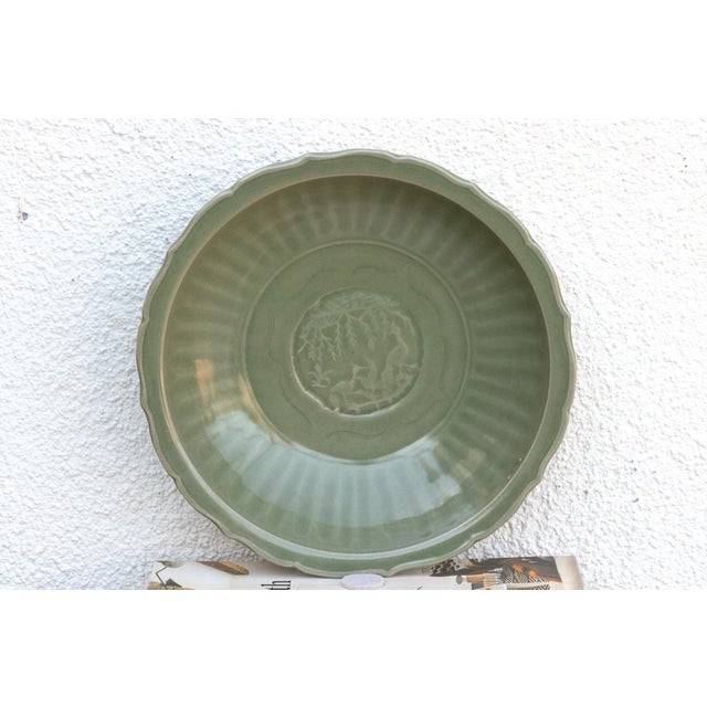 Chinese Antique Celadon Green Plate W/ Landscape Scene For Sale - Image 3 of 7