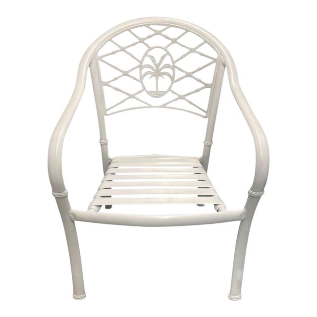 Vintage Hollywood Regency White Aluminum Palm Tree & Faux Bamboo Armchair For Sale