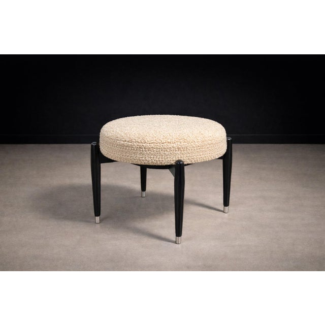 Móveis Cimo Round Stool in Ebonized Wood With Metal Sabots, Brazil, 1950s — Newly Upholstered in Warm Ivory Bouclé For Sale In New York - Image 6 of 9