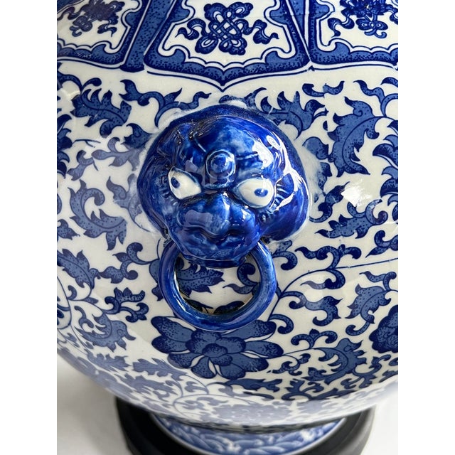 Massive Pair of Chinese Blue & White Urn-Form Lamps For Sale - Image 4 of 8