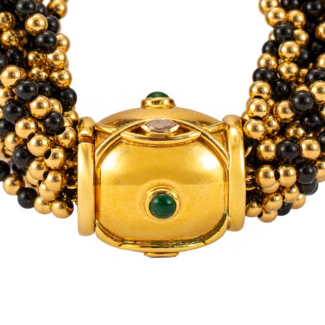 Modern Vintage 14k Yellow Gold Emerald Diamond Multi Strand Onyx Bead Pendant Necklace For Sale - Image 3 of 8