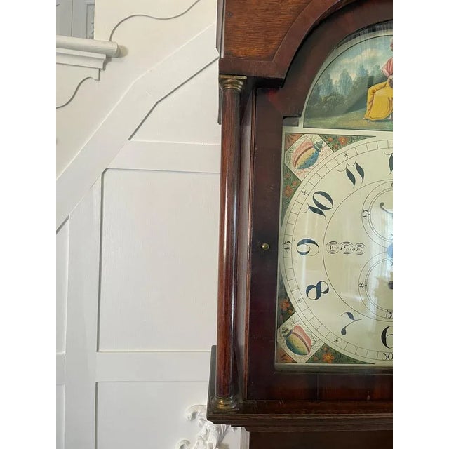 Wood Antique Grandfather Clock in Oak and Mahogany by W. Prior for Skipton For Sale - Image 7 of 10