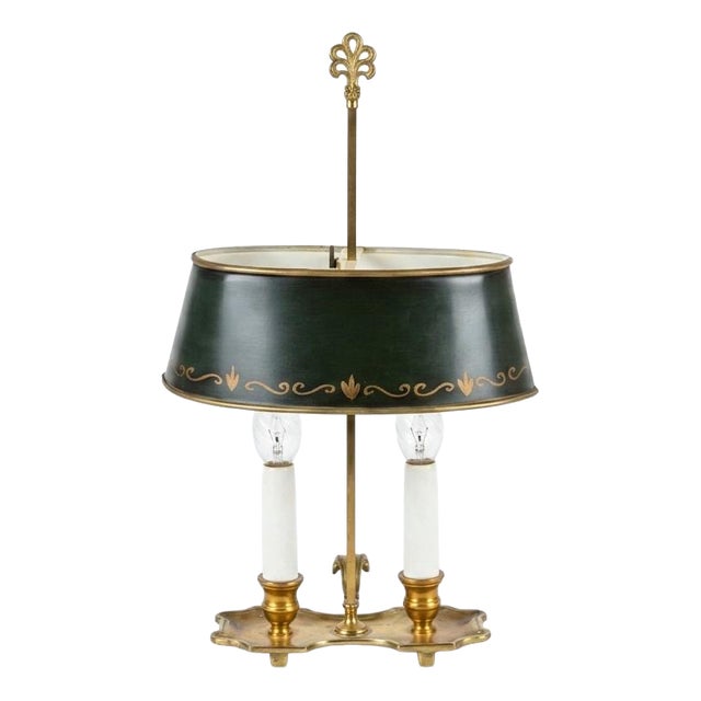 Brass Bouillotte Table Lamp with Green Tole Shade, 1950s For Sale