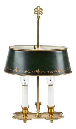 Brass Bouillotte Table Lamp with Green Tole Shade, 1950s
