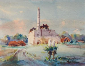 Vintage Watercolor Study Old Southwest Brick Factory Painting