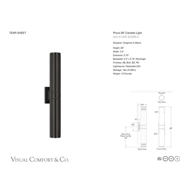 Provo 28" Canister Light in Matte Black Designer: Chapman & Myers Finish: Matte Black Height: 28" Width: 4.5" Extension:...
