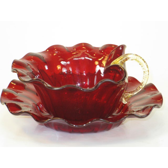 Ruby Red Early 20th Century Desert Bowls Venetian Glass Deep Red Delicate Gold Gilding Likely Salviati Pair - Set of 4 For Sale - Image 8 of 15