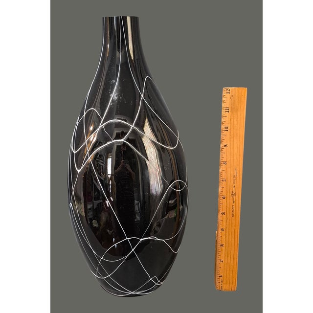 Black Mid Century Modern Art Glass Black & White Drip String Pattern Vase 19'' For Sale - Image 8 of 9