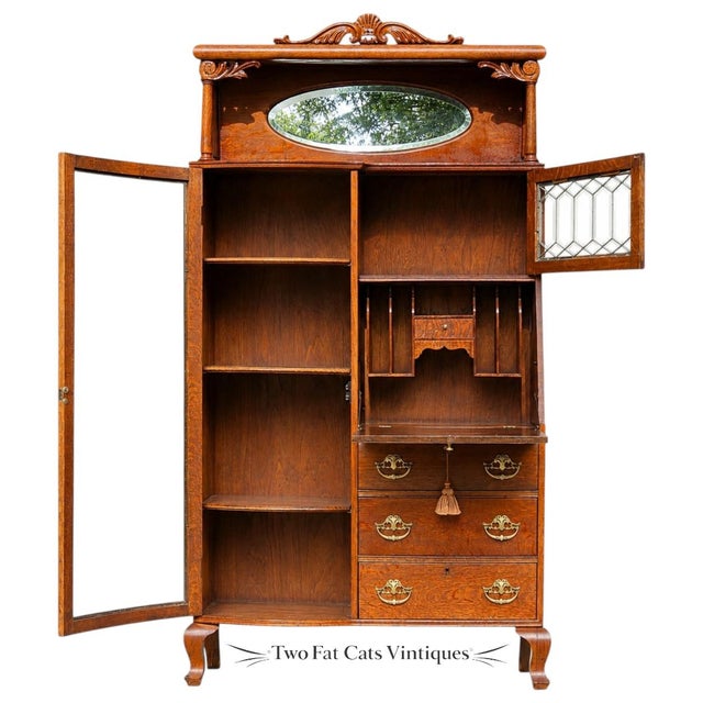 Antique Oak Side-by-Side Secretary Desk | Bookcase | China Cabinet | Larkin-Style For Sale - Image 4 of 15