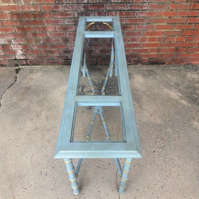 Vintage French Blue and Gold Faux Bamboo Console Table Attributed to Lane Altiavista Newly Painted - Dorothy Draper Style For Sale - Image 11 of 11