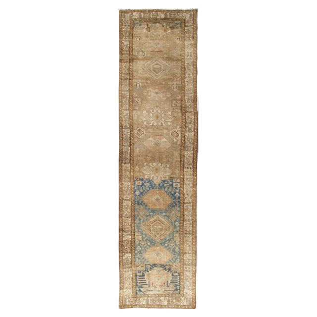 Antique Malayer Runner, Handmade Oriental Rug, Ivory, Taupe, Gold, Light Blue For Sale - Image 18 of 18