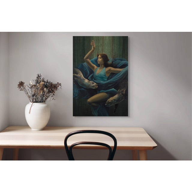 Early 21st Century Calm in the Chaos by Terra Novak | Oil on wood Woman in blue with otters in a serene setting For Sale - Image 5 of 5