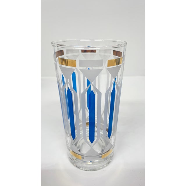 Mid-Century Modern Vintage Mid Century Modern Highball Cocktail Glasses Blue Gold Frosted White - Set of 7 For Sale - Image 3 of 6