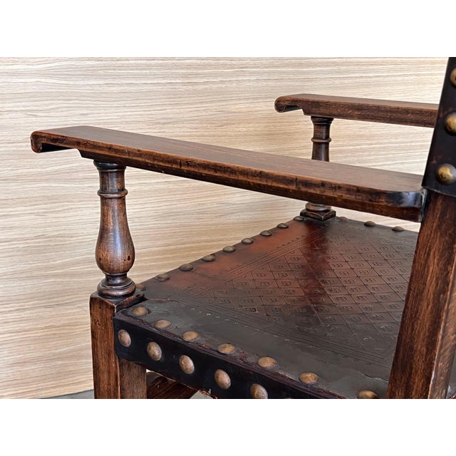 19th Century Spanish Colonial Altar Carved Armchair with Leather Seat and Back For Sale - Image 12 of 18