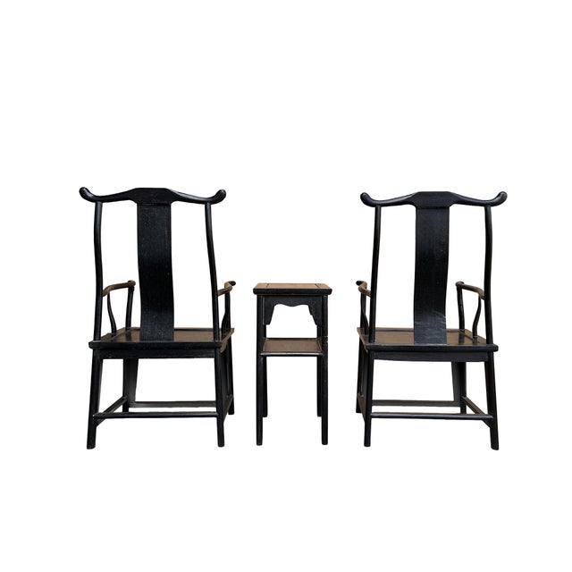 Chinese Traditional Black Brown Yoke-Back Armchair Set W Small Table For Sale - Image 4 of 12