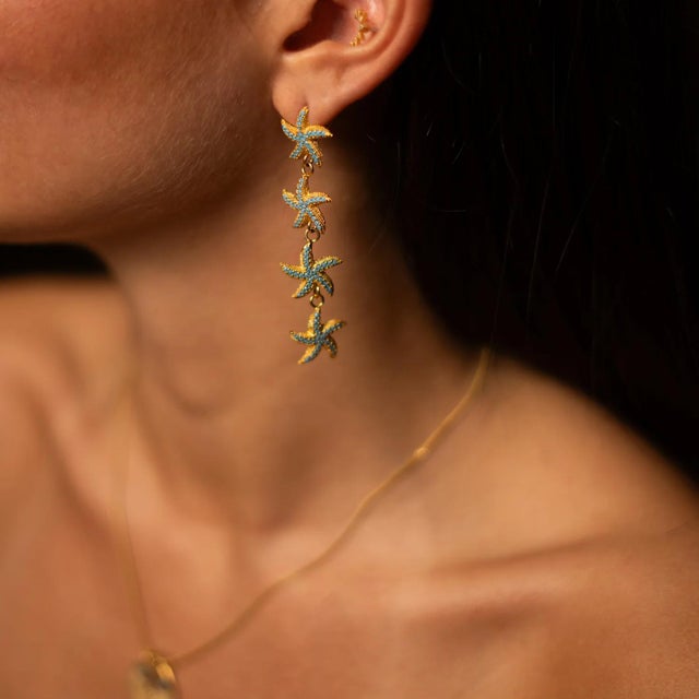 Contemporary Turquoise Starfish Cascade Gold Dangle Earrings, A Pair For Sale - Image 3 of 9