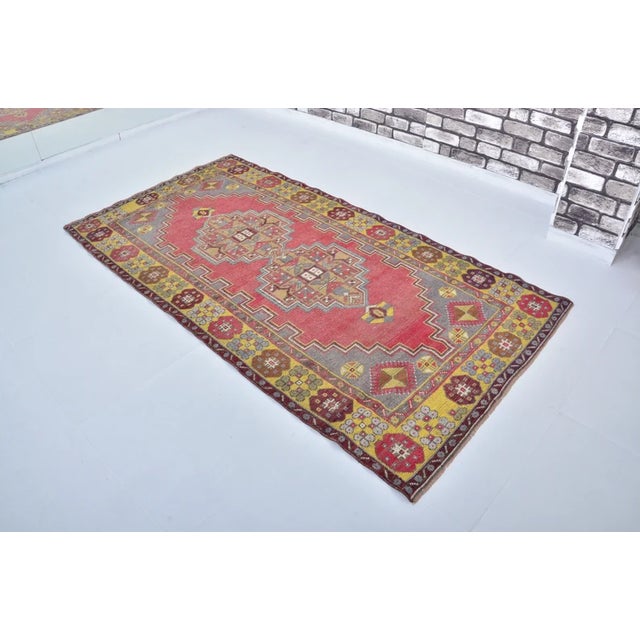 1950s Faded Rose and Dark Slate Border, Low Pile Distressed Turkish Rug For Sale In Phoenix - Image 6 of 10