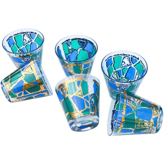 Vintage Blue & Green Golden-Patterned Culver Rocks Glasses - Set of 6 For Sale In New York - Image 6 of 7