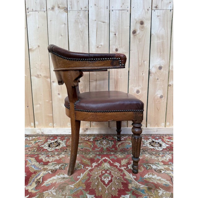 Napoleon III Style Oak and Leather Office Chair, 19th Century For Sale - Image 5 of 6