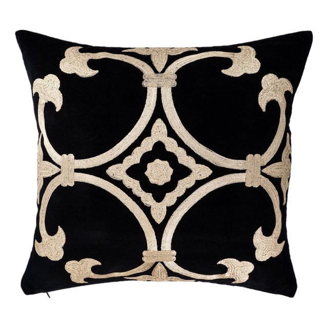 Black Velvet Throw Pillow Cover With Gold Embroidery - Palazzo Collection,20 X 20 For Sale