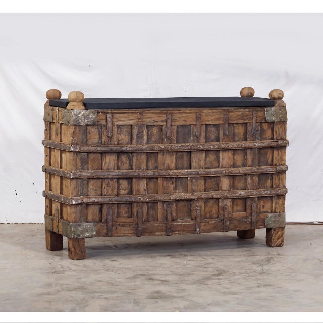 1900 - 1909 Antique Indian Teakwood and Brass Damachiya, 38″h (With Finials) X54x19 For Sale - Image 5 of 6