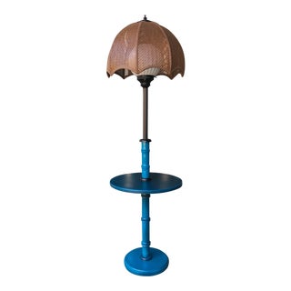 Mid-Century Modern Faux Bamboo Floor Lamp With Milk Glass Diffuser and Cane Weave Shade For Sale