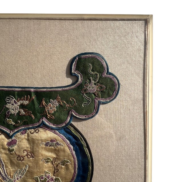 Chinoiserie Mid 19th Century Pair Framed Chinese Qing Dynasty Silk Court Embroidery Textile Panels For Sale - Image 3 of 9