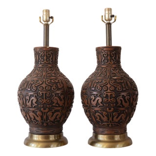 1950s Mid Century Hollywood Regency Ceramic Sgraffito Primitive Art Lamps - A Pair For Sale