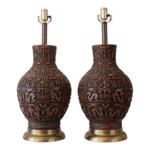 1950s Mid Century Hollywood Regency Ceramic Sgraffito Primitive Art Lamps - A Pair