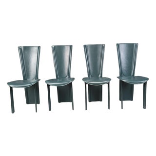 Vintage Green Leather Dining Chairs, 1980s, Set of 4 For Sale