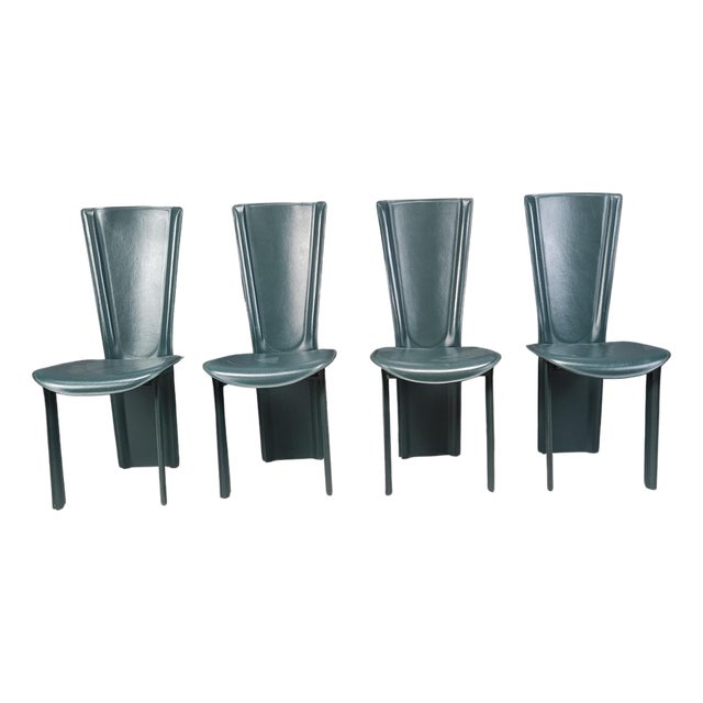 Vintage Green Leather Dining Chairs, 1980s, Set of 4 For Sale