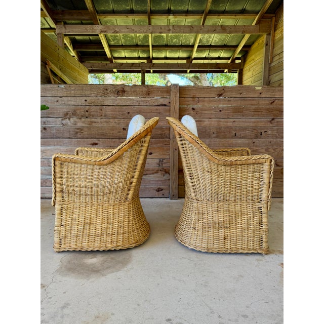 1980s Pair of Vintage Michael Taylor Style Braided Rattan Wicker Lounge Armchairs For Sale - Image 5 of 12
