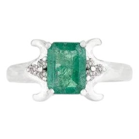 Art Deco Inspired Emerald With Diamond Cluster Ring for Gifts- Size 7 For Sale