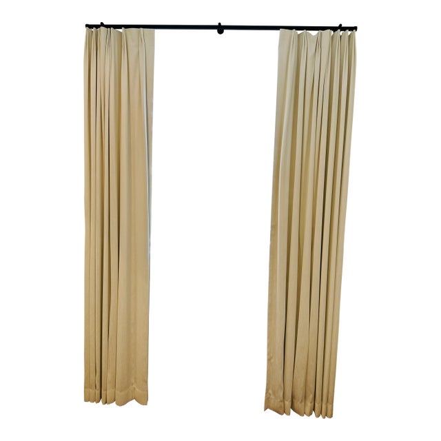 Custom Cream Linen Drapery Panels With Matte Black Hardware – Two Identical Sets For Sale