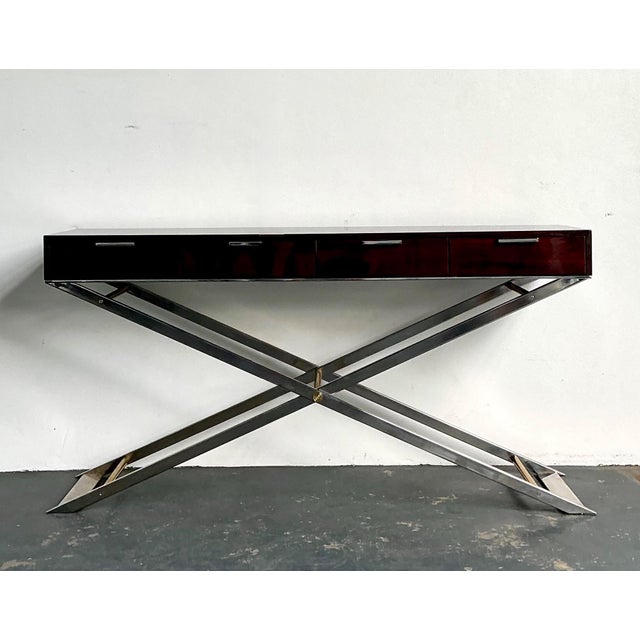 Late 20th Century Vintage Chrome and Wood Console Table With Brass Accents For Sale - Image 5 of 12