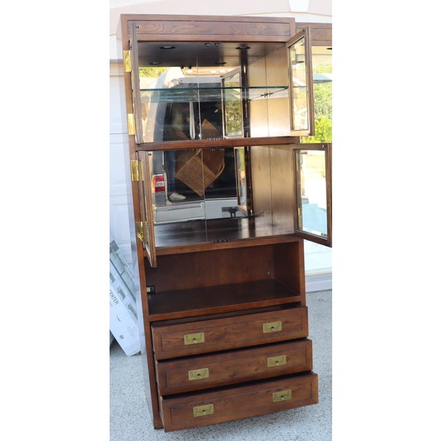 1970s Campaign Vintage Henredon Oak Wall Unit With Marble Counter and Mirrored Cabinets For Sale - Image 12 of 17
