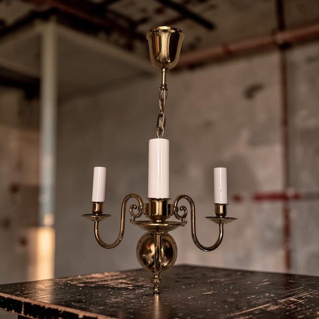 Gold Vintage Danish Three-Arm Brass Chandelier For Sale - Image 8 of 9