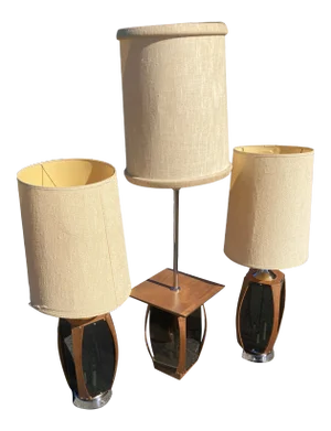 Mid 20th Century Mid-Century Smoked Glass Walnut Plastco Lamps- Set of 3