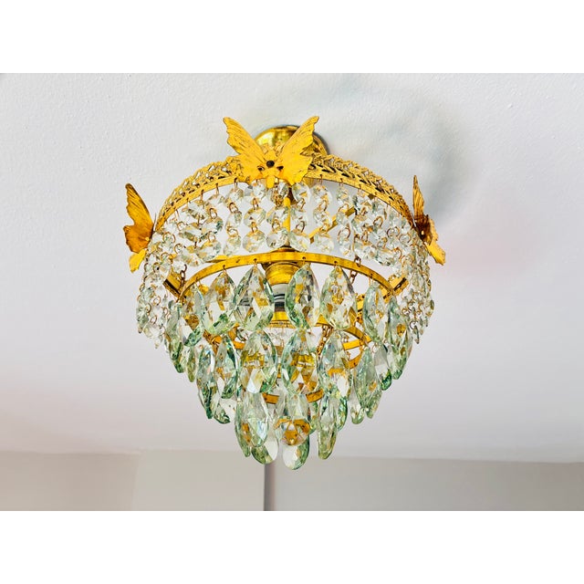 Vintage Brass Butterfly Flush Mount Light, Vintage Hand-Painted Light Green Crystal Basket Chandelier, Dramatic Radial Shadow Display For Sale - Image 12 of 15
