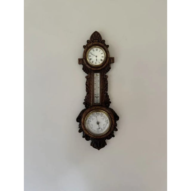Wood Antique Edwardian Carved Oak Banjo Clock Barometer, 1900 For Sale - Image 7 of 7